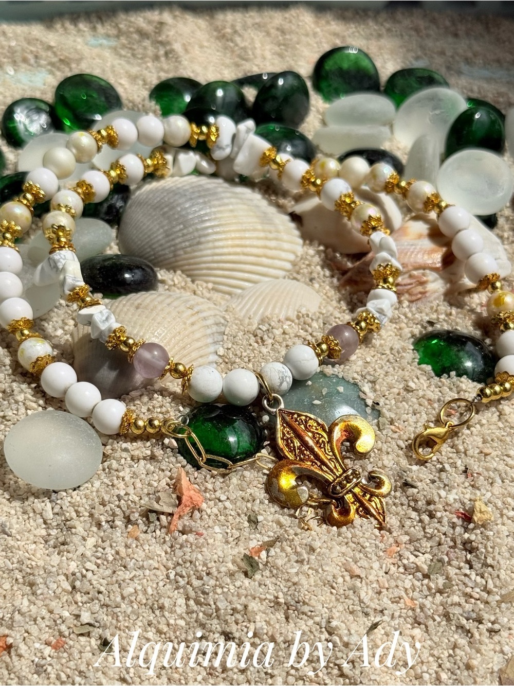 White Howlite and amethyst Beaded Necklace with Gold Fleur-de-Lis Charm
